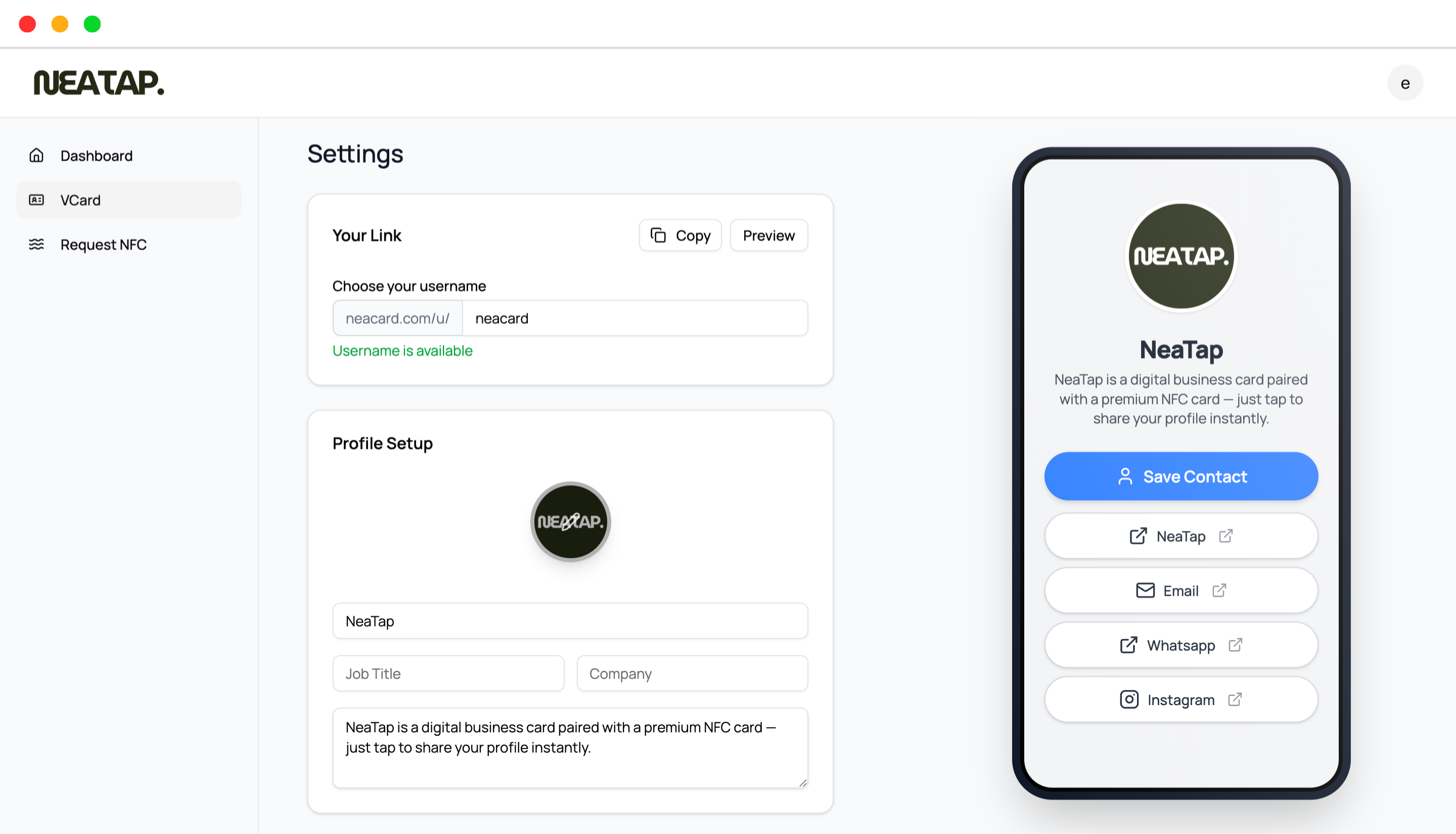 NeaTap digital profile dashboard interface